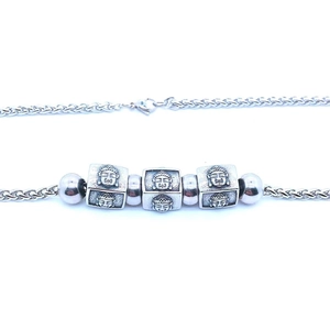 Silver titanium steel necklace with three Buddha head beads on a woven chain for hip hop style