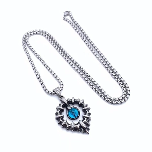Gothic punk titanium steel necklace with blue gemstone dragon claw pendant and silver chain