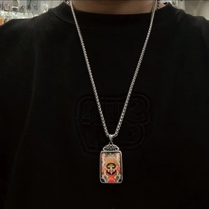 Collar con colgante Thangka de zorro de nueve colas de estilo folk en cadena de acero inox