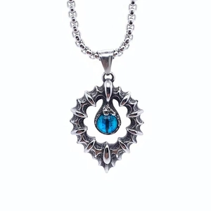 Gothic titanium steel necklace featuring a blue evil eye pendant with silver spikes
