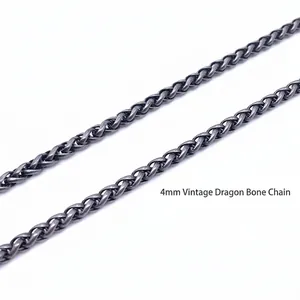 Detail of 4mm vintage dragon bone chain in antique silver steel for hip-hop necklace