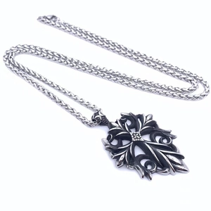 Vintage titanium steel cross pendant necklace with engraved floral details and wheat chain