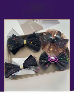 Halloween hair clip set featuring black lace bows, sequined spiders and bats accessories