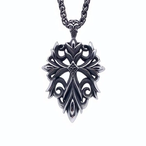 Vintage titanium steel cross pendant necklace with retro floral vine carvings for men