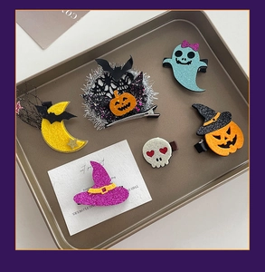 Detailed set of 6 Halloween hair clips featuring glittery ghost pumpkin and bat motifs