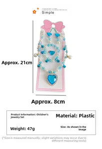 Detailed view of sky blue heart pendant necklace with beaded bracelet and ring set for girls