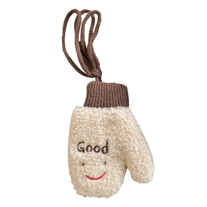 Kinder Fäustlinge aus Fleece mit Smiley Stickerei und Umhängekordel in Cremeweiß