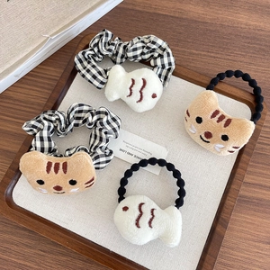 Chouchou en Peluche Chat Poisson Motif Vichy Élastique à Cheveux 3D Dessin Animé pour Femmes Filles Accessoires de Mode