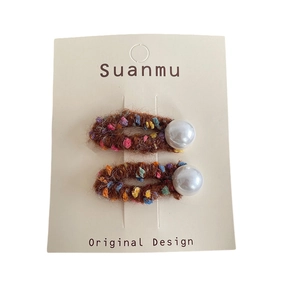 Handmade colorful wool felt hair clips set with pearls for girls and women