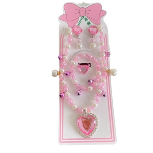 Kids jewelry set with pink heart gemstones, pearl necklace, bracelet and ring for girls