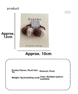 Detailed view of plush hair ties in brown and cream colors with specific size dimensions