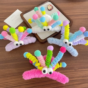 Pinces à cheveux en peluche colorée avec fil en spirale et grands yeux pour un look fun