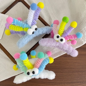 Pinces à cheveux en peluche avec grands yeux et pompons colorés pour femmes