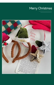 Détails de serre-têtes de Noël avec bonnets en peluche, bois de cerf et pinces étoiles pailletées