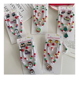 Detailed view of Christmas jewelry sets featuring beaded necklaces and cartoon pendants