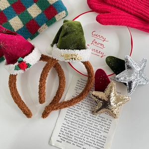 Serre-tête de Noël avec grand nœud, étoiles à paillettes et bonnet de Père Noël en peluche