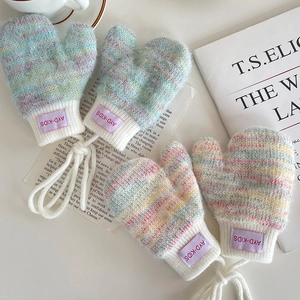 Two pairs of thick warm knit winter mittens for babies with anti-lost neck strings