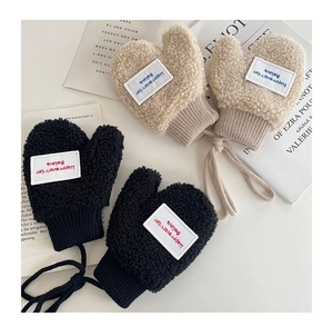 Detail of fleece toddler mittens with rib-knit cuffs, neck cord and Happy Everyday label