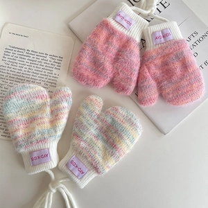 Thick warm winter mittens for toddlers with rainbow stripes and connecting string