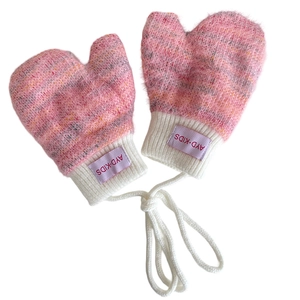 Pink plush baby mittens with white ribbed cuffs and anti-lost neck rope for winter warmth