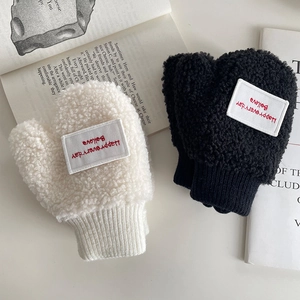 Winter fleece toddler mittens with letter patch, soft teddy velvet warm fingerless gloves