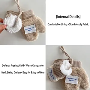 Kids warm beige fleece mittens with neck strap and soft letter patch embroidery