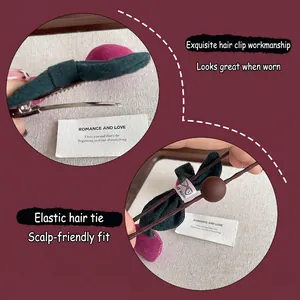 Dark green bow hair clip and elastic band set with round beads and handmade tag