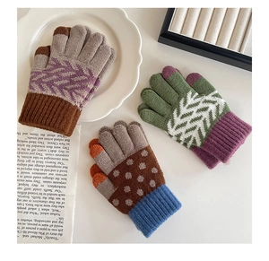 Detail showing knitted gloves with touchscreen tips and trendy contrast leaf patterns