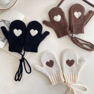 Winter knitted heart mittens for kids with anti-lost neck strings in three colors