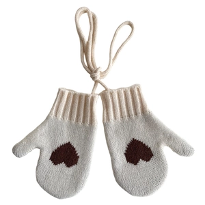 Creamy white knitted heart gloves for kids with neck string for winter warmth