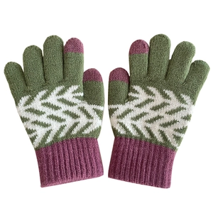 Knitted kids winter gloves with olive green and lilac color block and jacquard patterns
