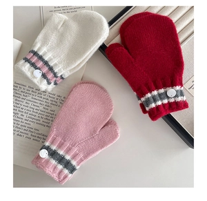 Detailed view of color-blocked knitted mittens with plush texture and decorative buttons