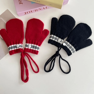 Korean Style Kids Knitted Mittens With Hanging Neck String Warm Winter Color Block Striped Mittens For Boys Girls 2-6 Years