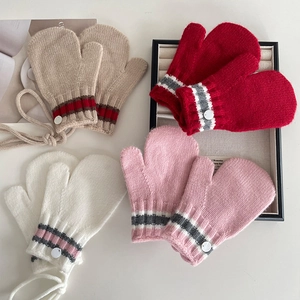 Children's thick knit mittens with color block stripes and neck strap for winter warmth