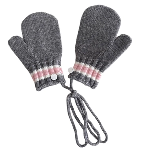Gray knitted mittens for kids with pink striped cuffs and a convenient anti-lost neck string