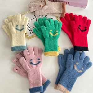 Cute Smiley Face Kids Knitted Full Finger Gloves Soft Mohair Warm Winter Gloves For Boys Girls Contrast Color Ribbed Cuff