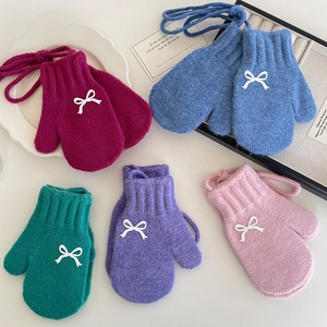 Kids Knitted Mittens With Neck Hanging String Bow Decor Warm Winter Gloves For Girls Sweet Outdoor Windproof Handwear