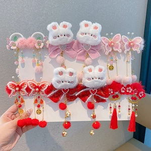 Mollette per Capelli in Stile Cinese Antico per Bambini Tradizionali Rosse con Nappa Farfalla Fiore Peluche Paillettes Accessori Hanfu