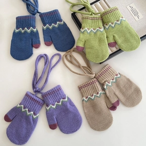 Korean Style Retro Winter Kids Warm Knitted Mittens Wave Jacquard Hanging Neck Anti-Lost Fleece Lined Thick Gloves