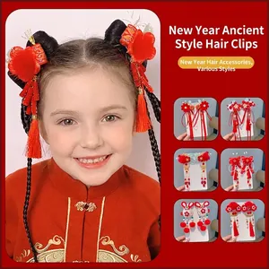 Fermagli per capelli rossi Hanfu per bambine con nappe e graziose bambole a coniglio