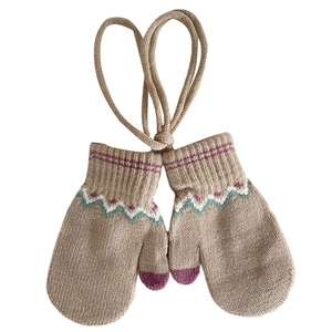 Cozy winter knitted mittens for kids with wave jacquard pattern and long neck string