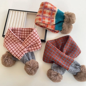 Kinder Gestrickter Karierter Schal Winter Warmer Halswärmer Mit Bommeln Für Jungen Mädchen Baby Kontrastfarben Plaid Schal