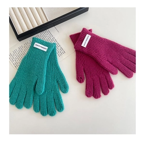 Detailed view of ribbed knit winter gloves with stylish fabric labels in cyan and magenta