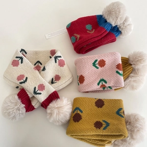 Sciarpa a Maglia per Bambini Motivo Floreale Scaldacollo Invernale con Pompon Motivo Jacquard per Ragazzi Ragazze Bambini