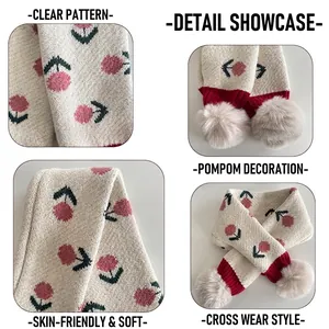 Sciarpa in maglia per bambini con motivi floreali rossi e soffici pompon decorativi