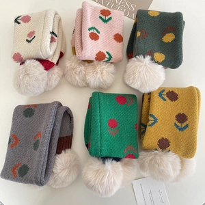 Sciarpe in maglia floreale per bambini con pompon in sei colori, caldi scaldacollo invernali