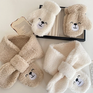 Winter fleece scarf and glove set for kids featuring cute bear embroidery in beige and khaki