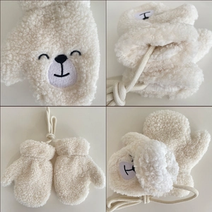 Cute sherpa fleece children's mittens with cartoon bear embroidery and neck strap