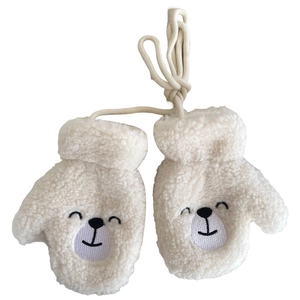 Cozy cream-white lamb wool baby mittens with cute bear embroidery and neck lanyard