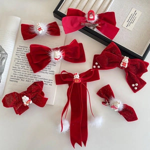 Kids Red Velvet Bow Hair Clip Cute Plush Ball Rabbit Tassel Chinese Style Hair Accessories For Girls